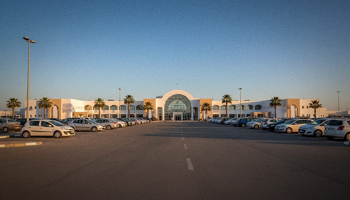 Parkplatz gegenüber dem Terminal am Flughafen Djerba
