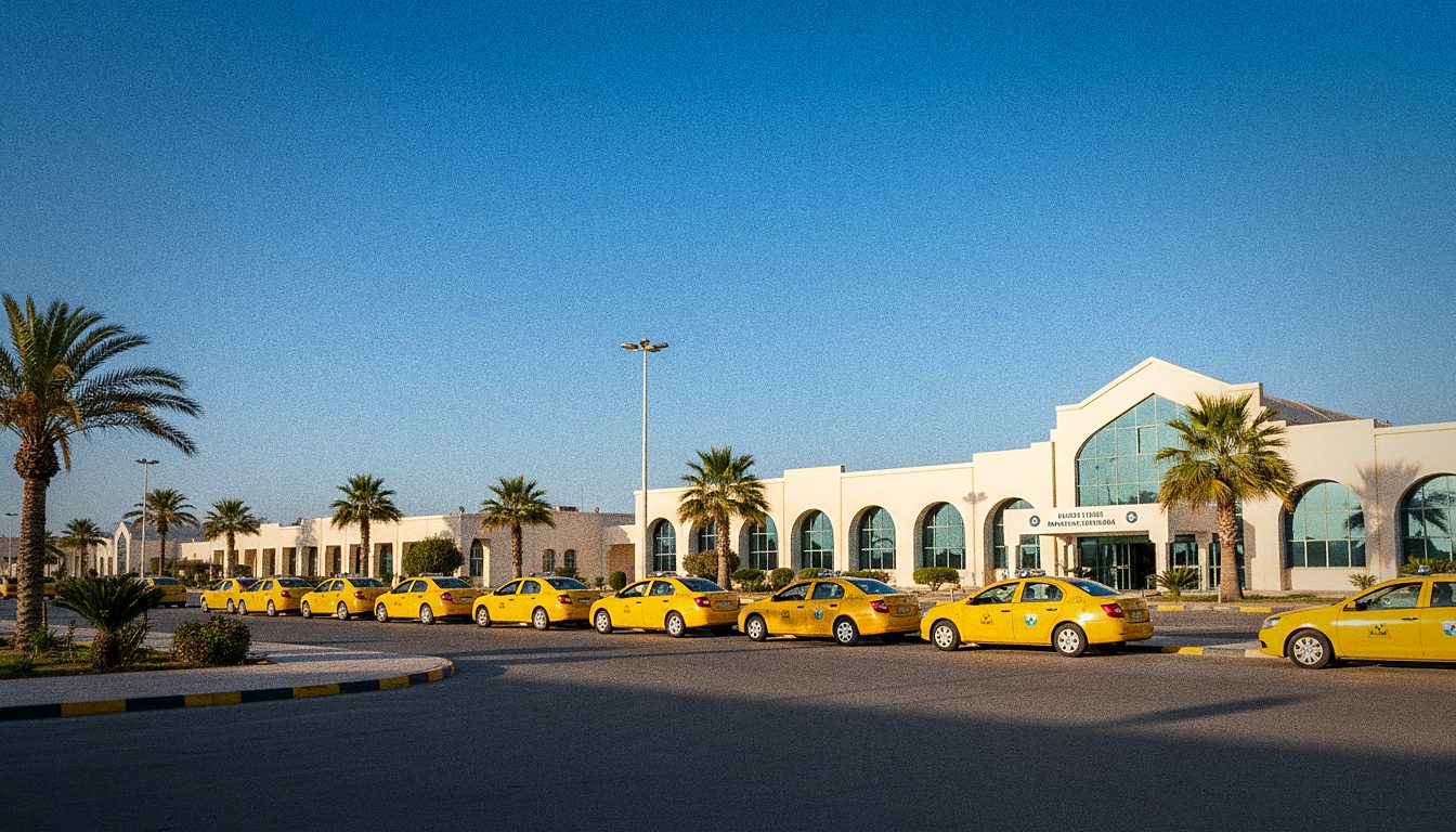 Gelbe Taxis vor dem Ausgang des Flughafens Djerba